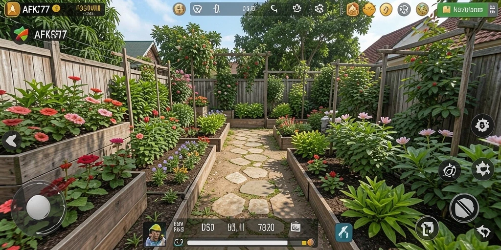 Tangkapan layar gameplay AFK77 yang menunjukkan ladang yang indah dan berwarna.