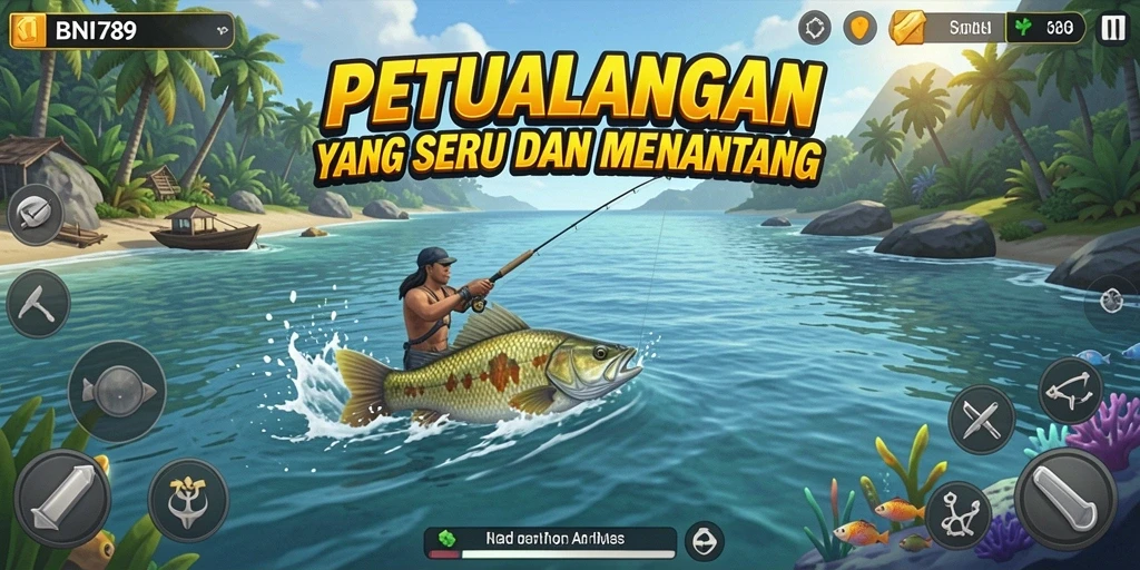 Screenshot gameplay BNI789 menampilkan pengguna yang sedang memancing di lokasi indah.