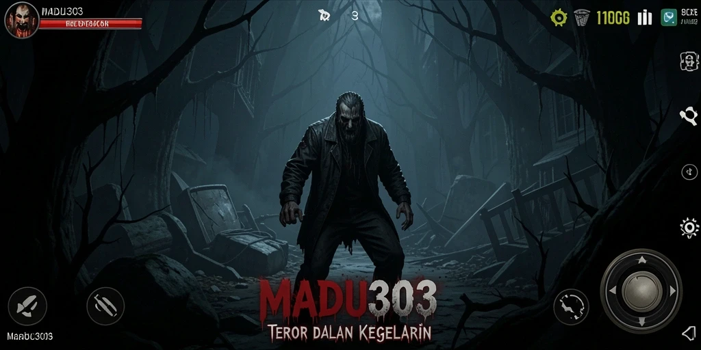 Tangkapan layar gameplay MADU303 menampilkan suasana horror yang mencekam.