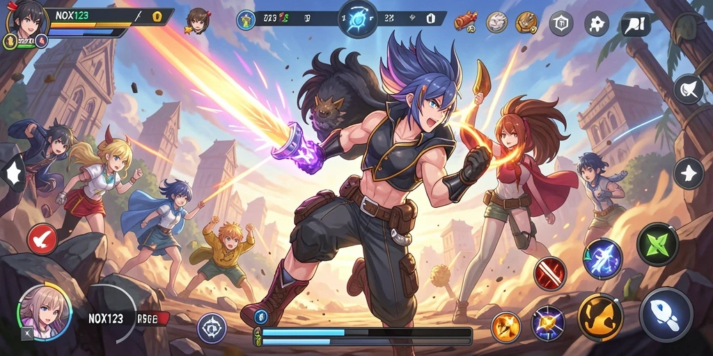 Screenshot gameplay NOX123 menampilkan aksi karakter Anime yang seru.