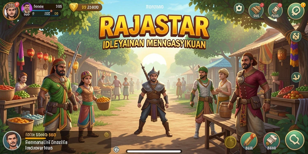 Tampilan gameplay <strong>RAJASTAR</strong> yang menonjolkan manajemen sumber daya dan kemajuan karakter.