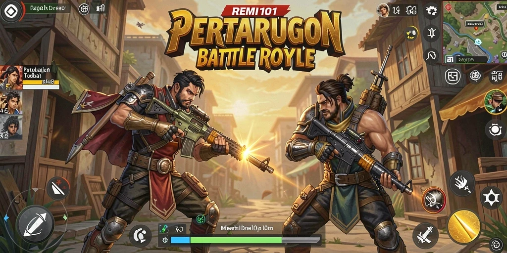Tangkapan layar utama REMI101 yang menampilkan aksi pertarungan Battle Royale.