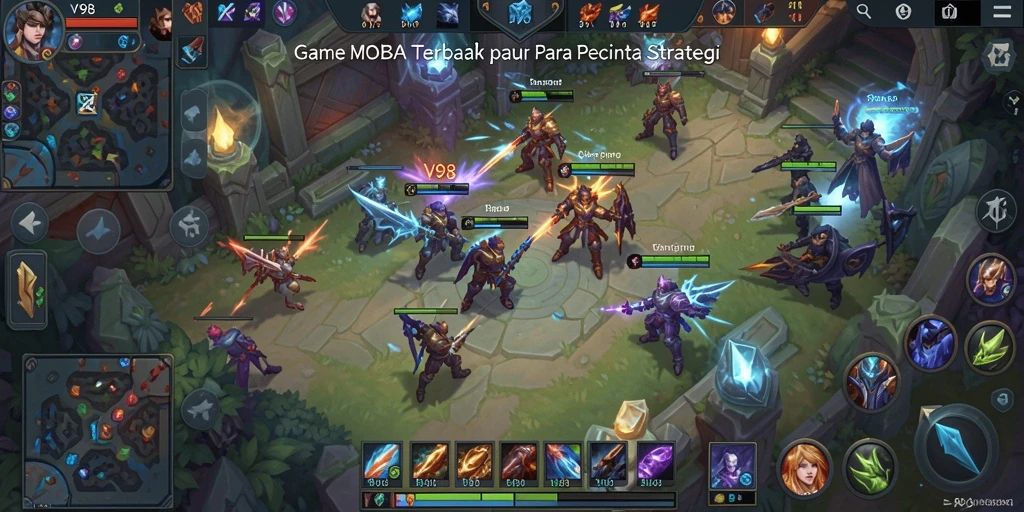 Screenshot V98 menampilkan aksi pertempuran yang intens di arena MOBA.