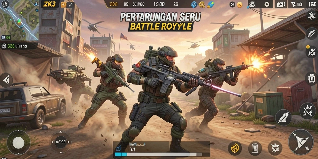 Screenshot ZK3 menampilkan aksi seru dalam pertempuran Battle Royale.