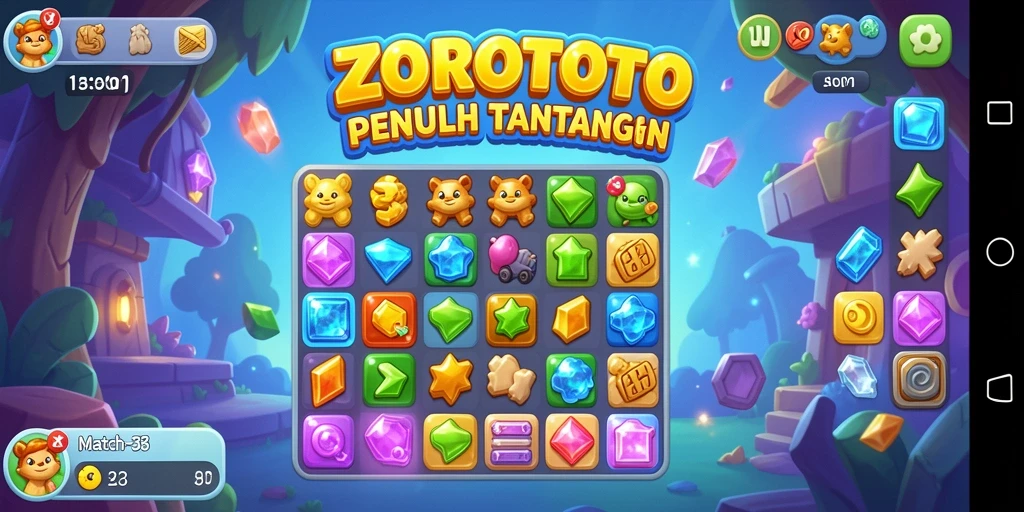 Screenshot ZOROTOTO menunjukkan gameplay Match-3 yang seru dan penuh warna.